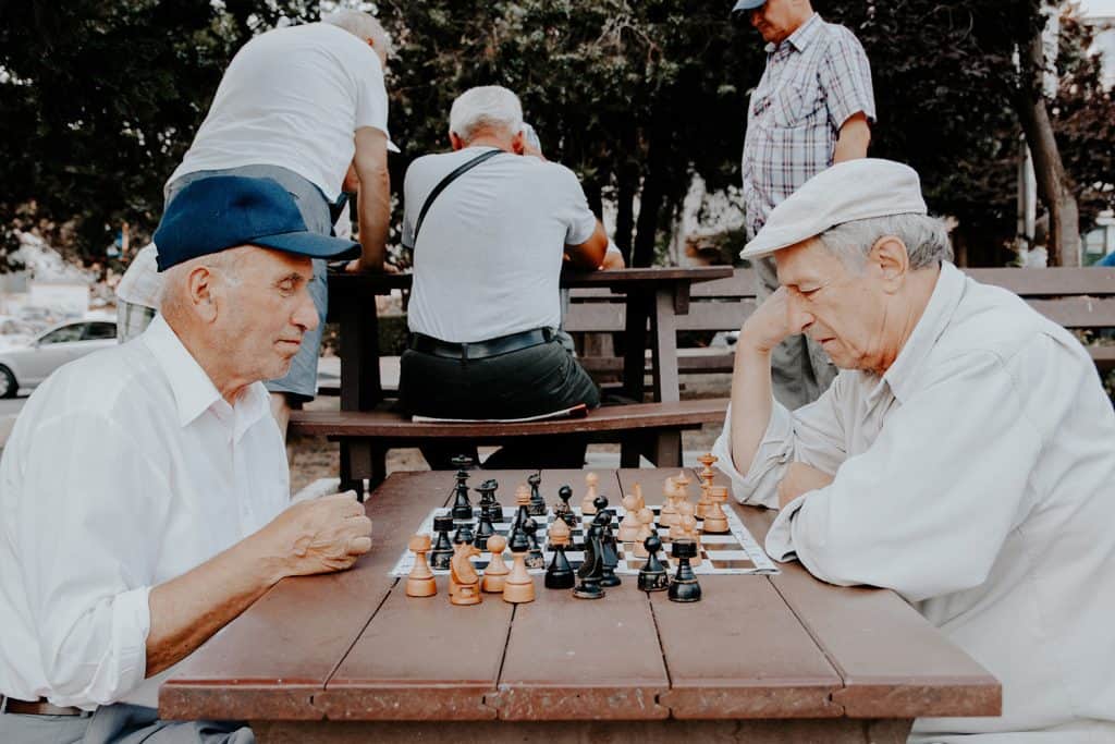 dos jubilados jugando al ajedrez en un parque